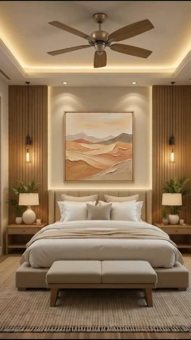 Modern bedroom featuring matching nightstands, lamps, and a large abstract landscape painting.