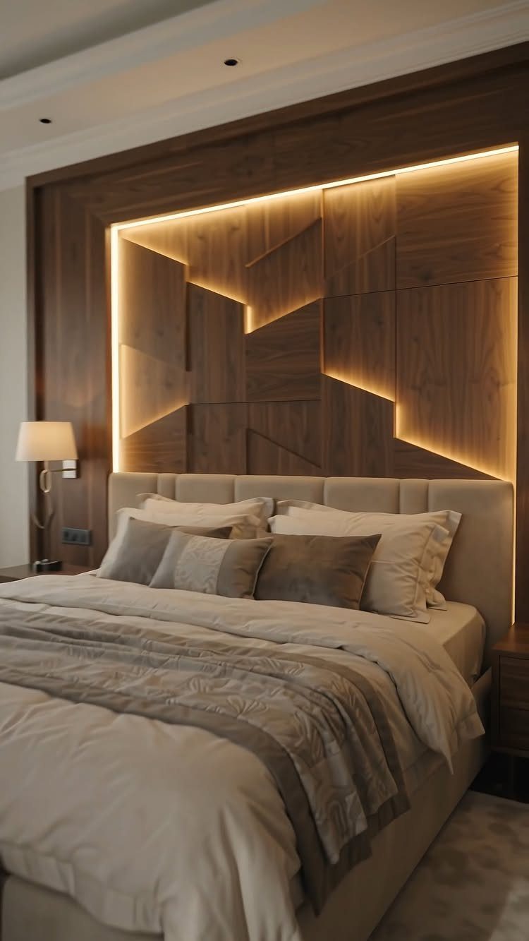 Modern hotel bed with grey textured throw and illuminated wooden geometric headboard