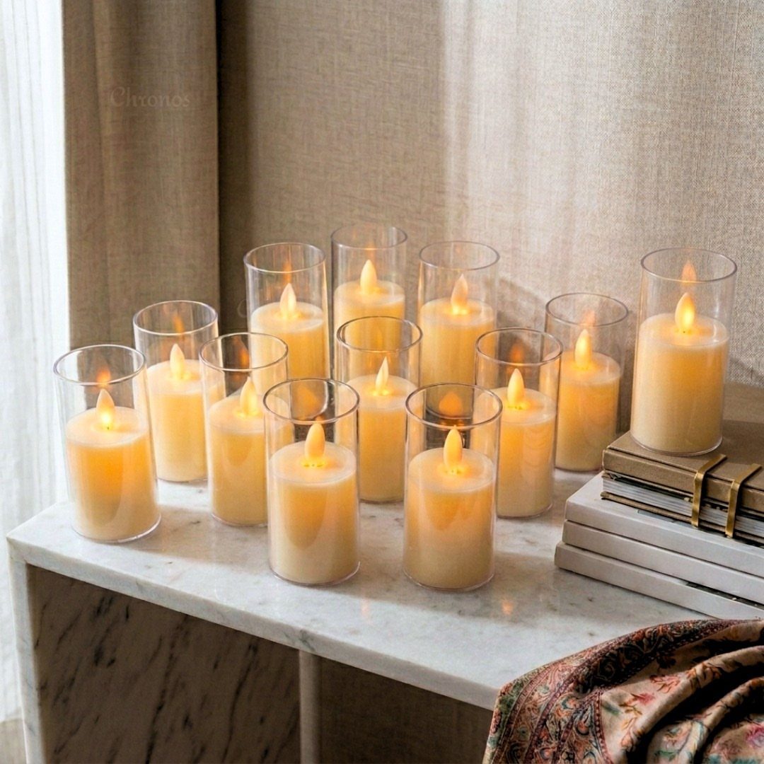 LED pillar candles in glass cylinders on a white marble table with books.