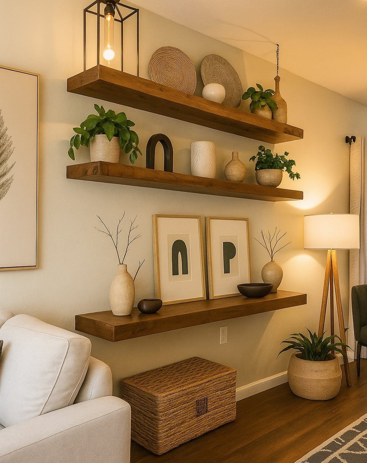 Wooden floating shelves on a beige wall decorated with plants and ceramic vases.