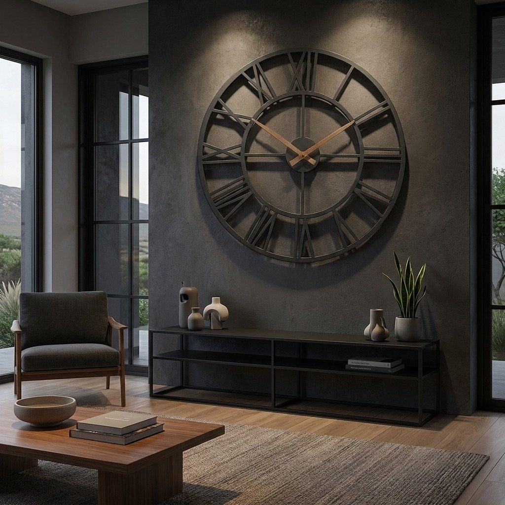 Large black skeletal wall clock on a dark grey wall above a console table