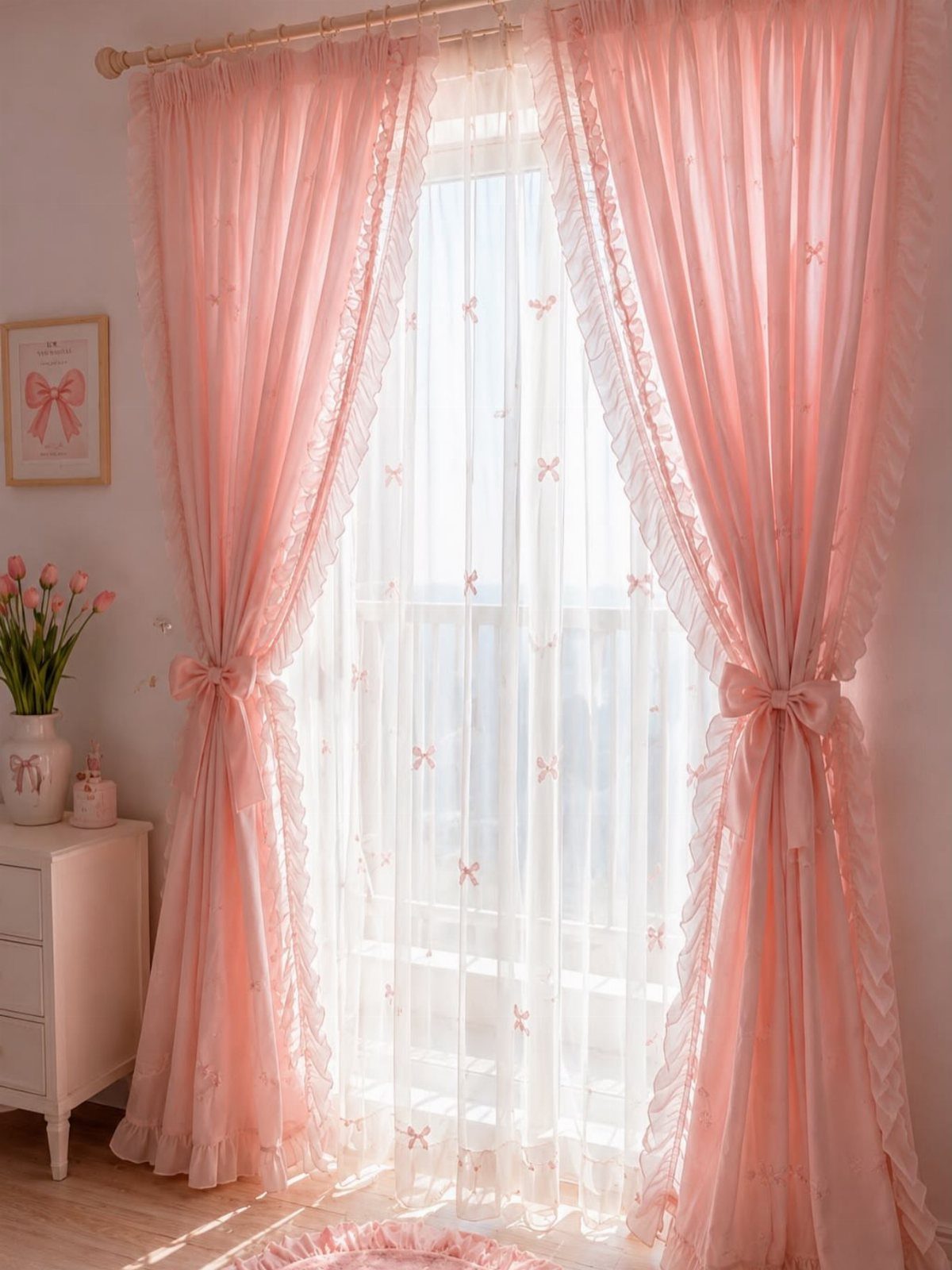 Pink ruffled curtains layered over sheer white curtains with small pink bow patterns.