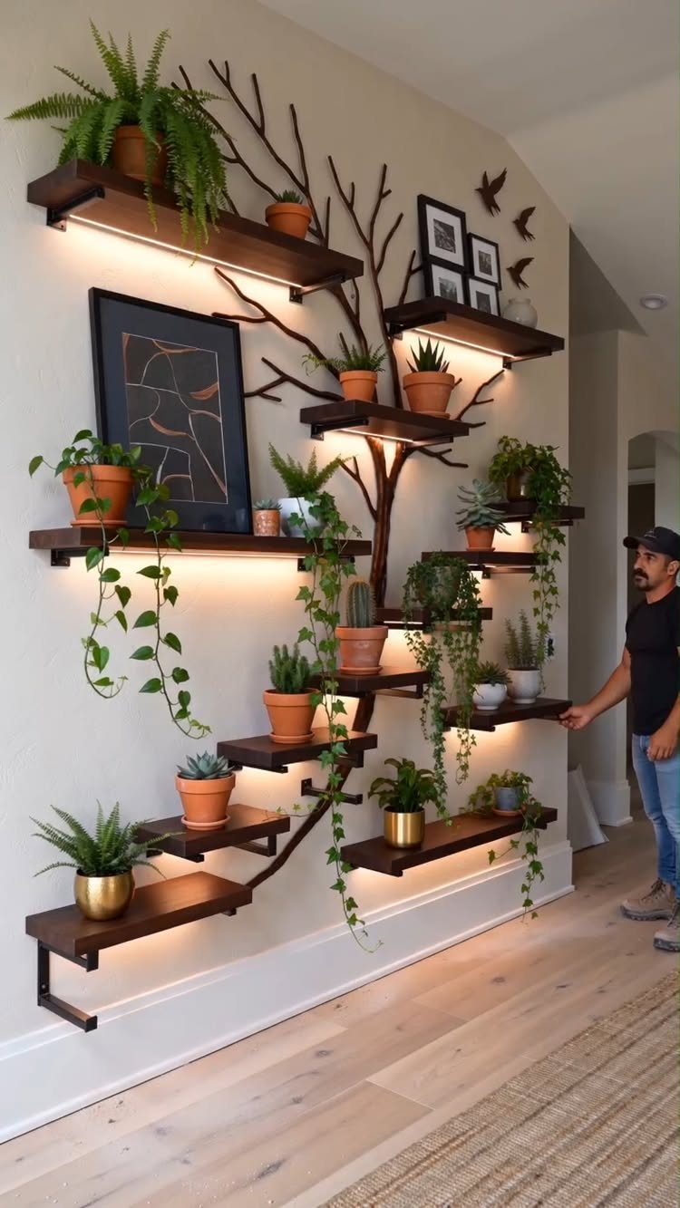 Wooden floating shelves shaped like tree branches holding various green potted plants on wall