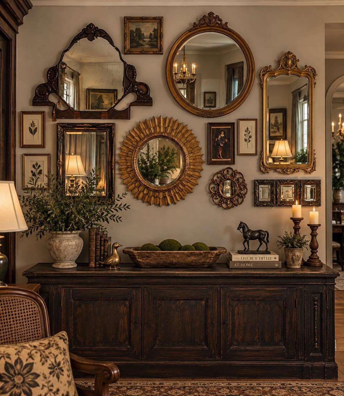 Ornate gold and wood mirrors and framed art decorating a large neutral wall