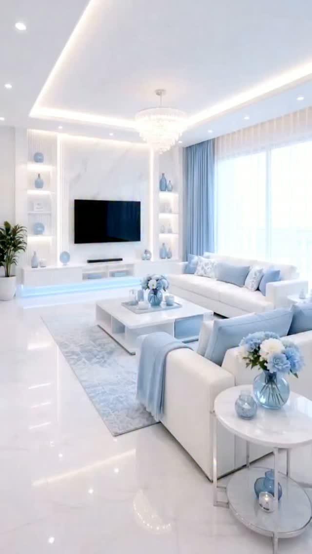 Modern white living room with a large wall featuring built-in shelving and TV.