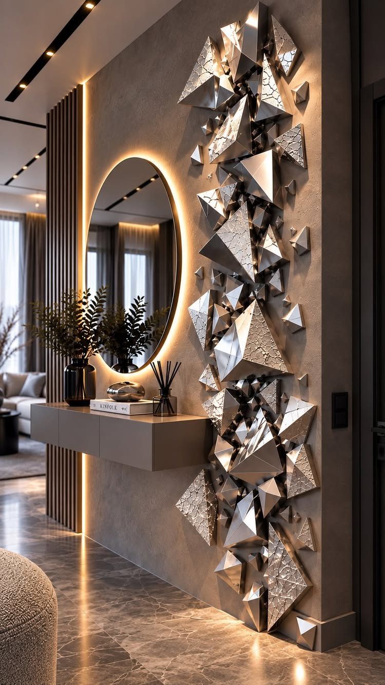 Large grey wall decorated with metallic geometric 3D shards and a backlit mirror.