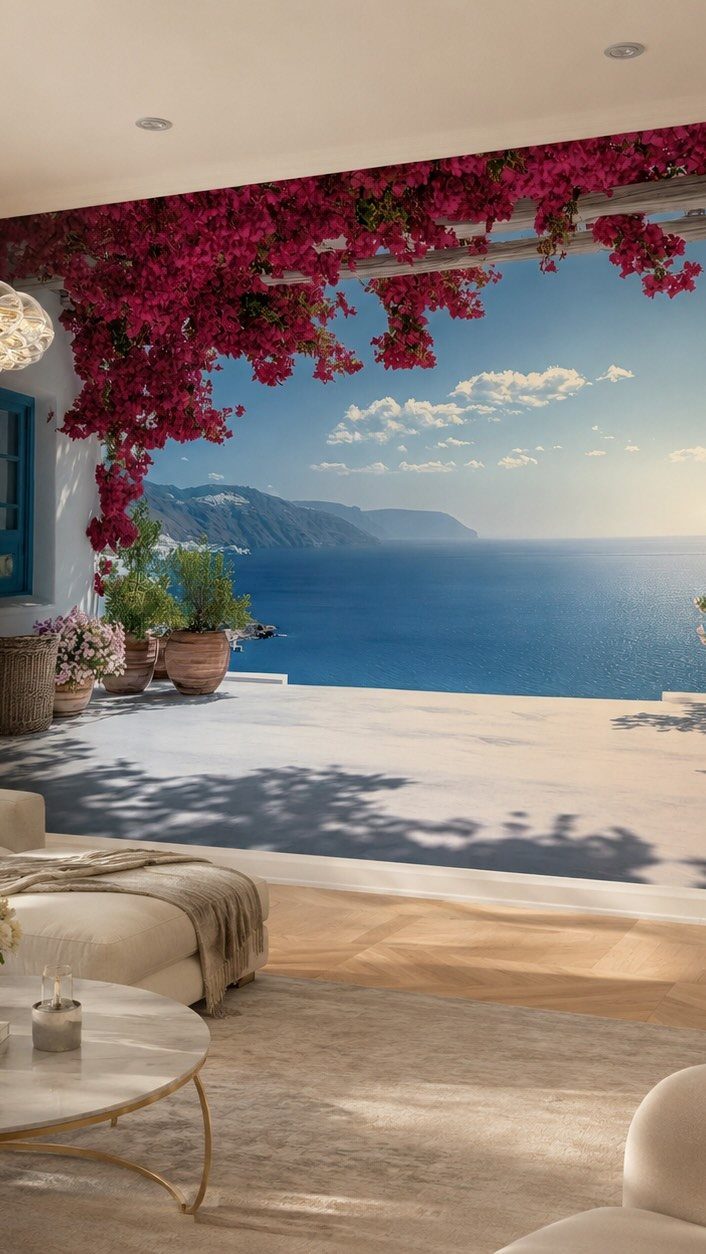 Wall mural of a Mediterranean coast with pink flowers in a modern living room