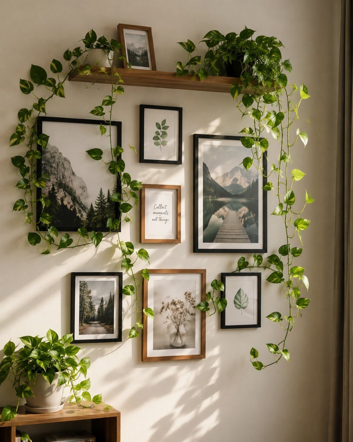 Gallery wall with nature photos and trailing green plants on a white wall.