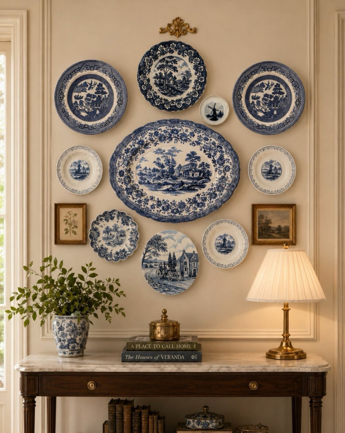 Blue and white ceramic plates and small paintings arranged on a beige wall.