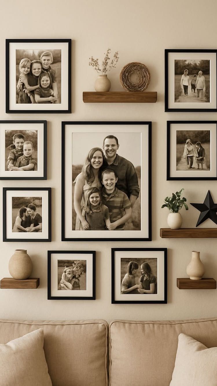 Family photo gallery with black frames and wooden shelves on a beige wall.
