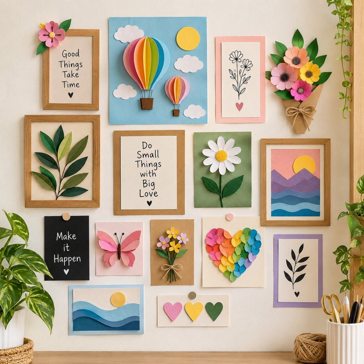 Colorful gallery wall with mixed frames, 3D paper art, and inspirational quotes.