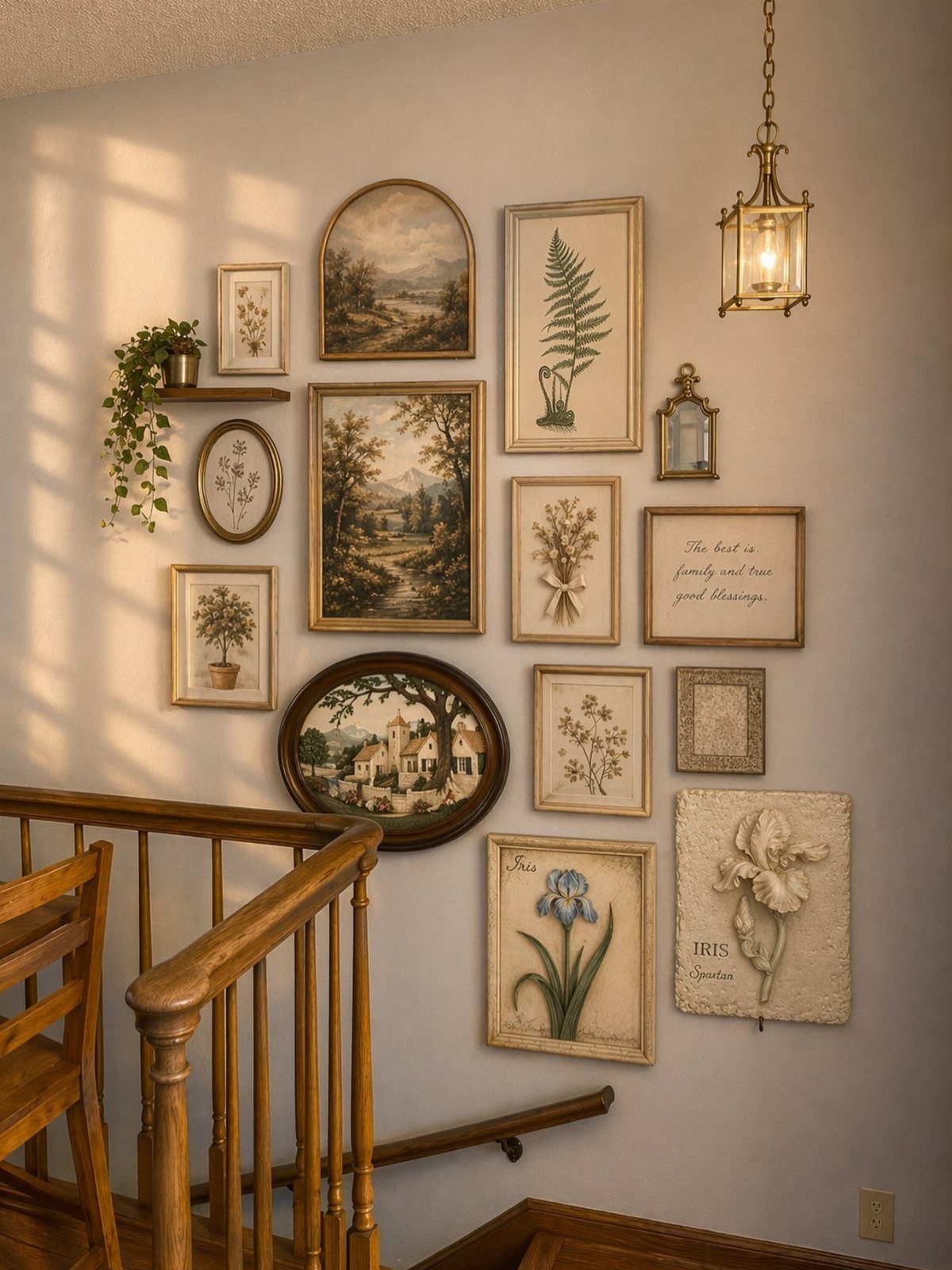 Framed botanical and landscape art arranged on a wall beside a wooden staircase.