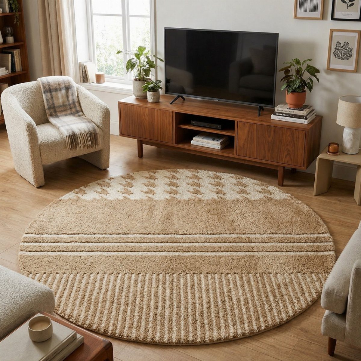 Circular beige patterned area rug in a bright living room with wooden furniture.