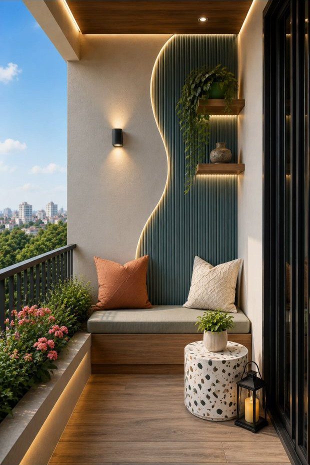 Modern narrow balcony with built-in seating, blue accent wall, and potted greenery.