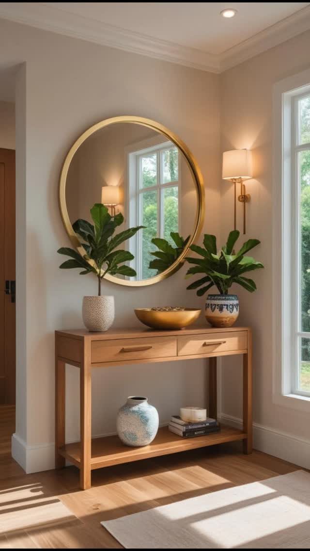Wooden console table with a round gold mirror and plants in a bright entryway.
