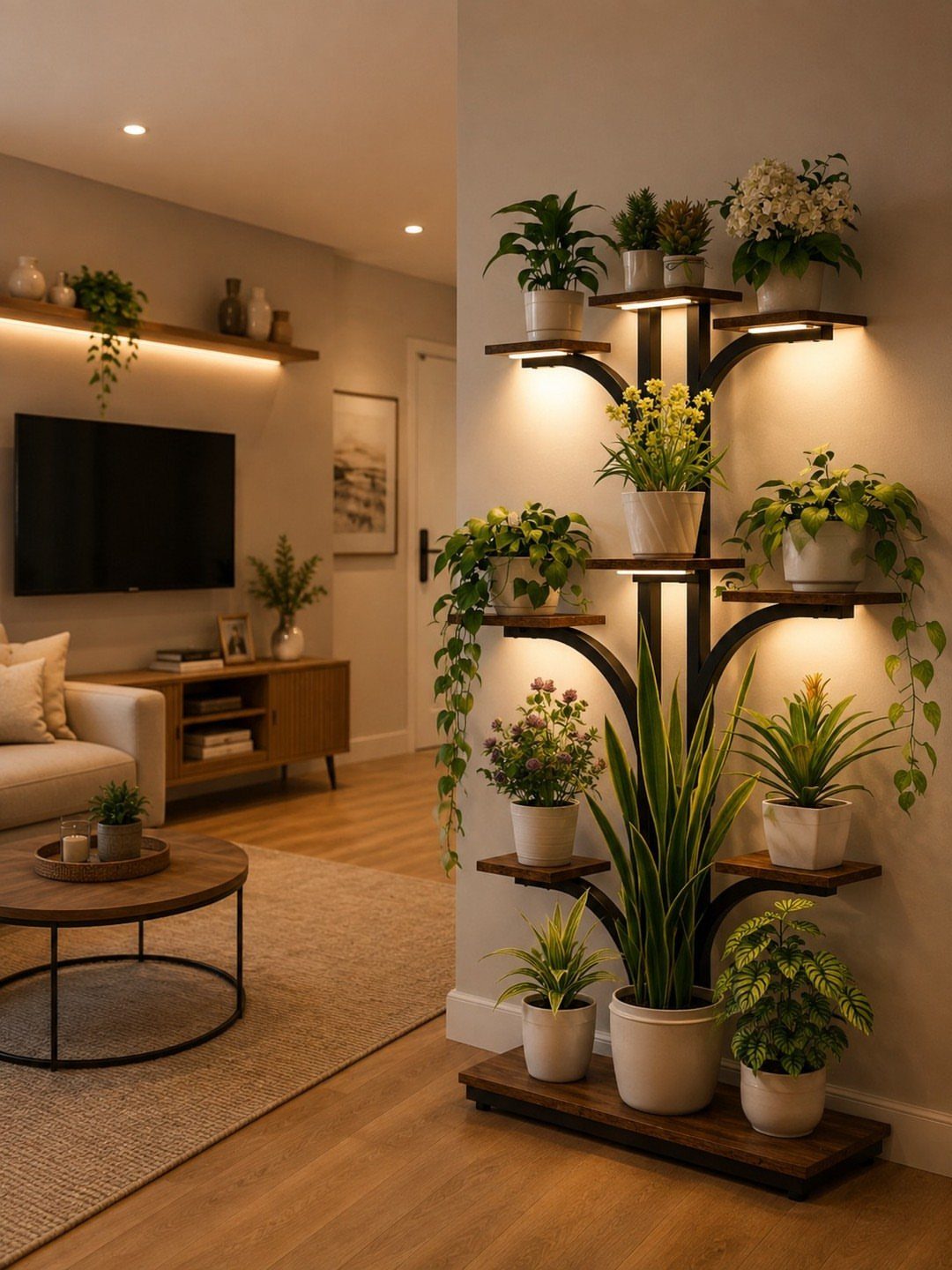 Tree-shaped plant stand with integrated lighting holding various green potted plants in a living room.