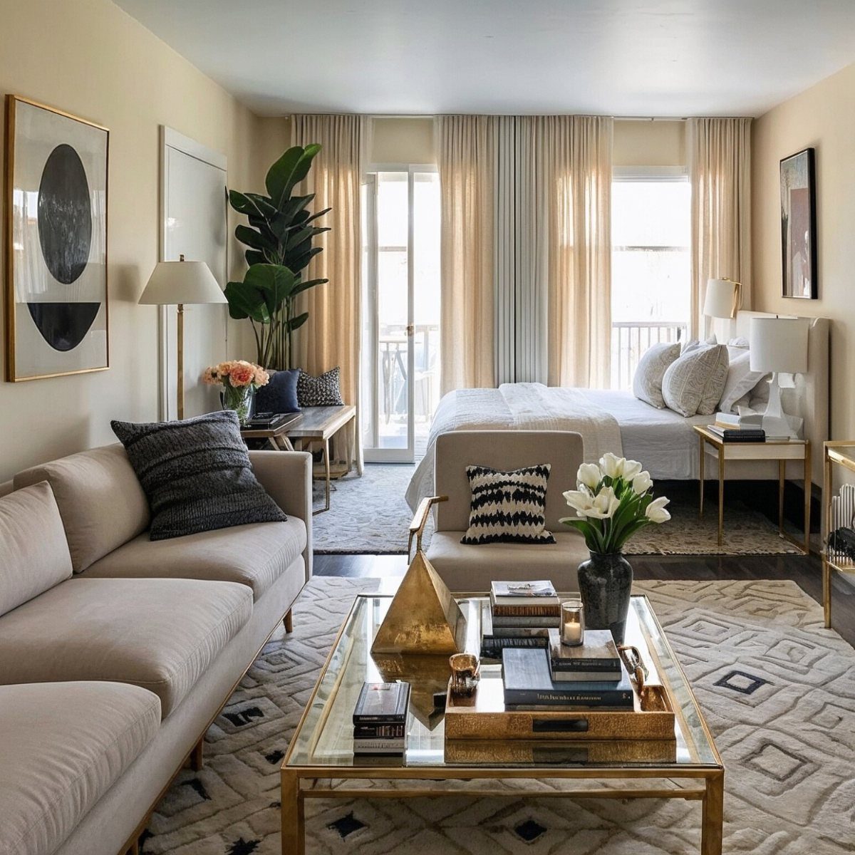 Studio apartment interior with a beige sofa, glass coffee table, and bed.