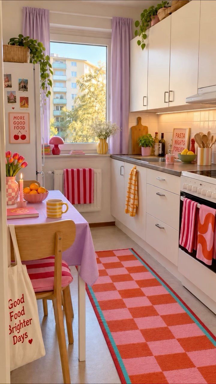 Narrow kitchen with white cabinetry, purple accents, and a red checkered floor runner.