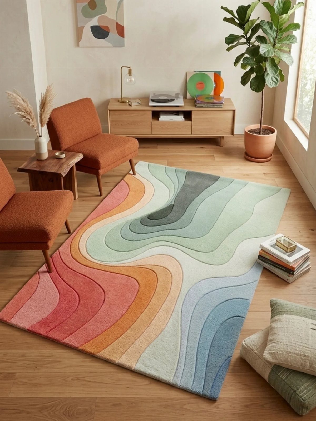 Colorful wavy patterned area rug in a mid-century modern living room with orange chairs.