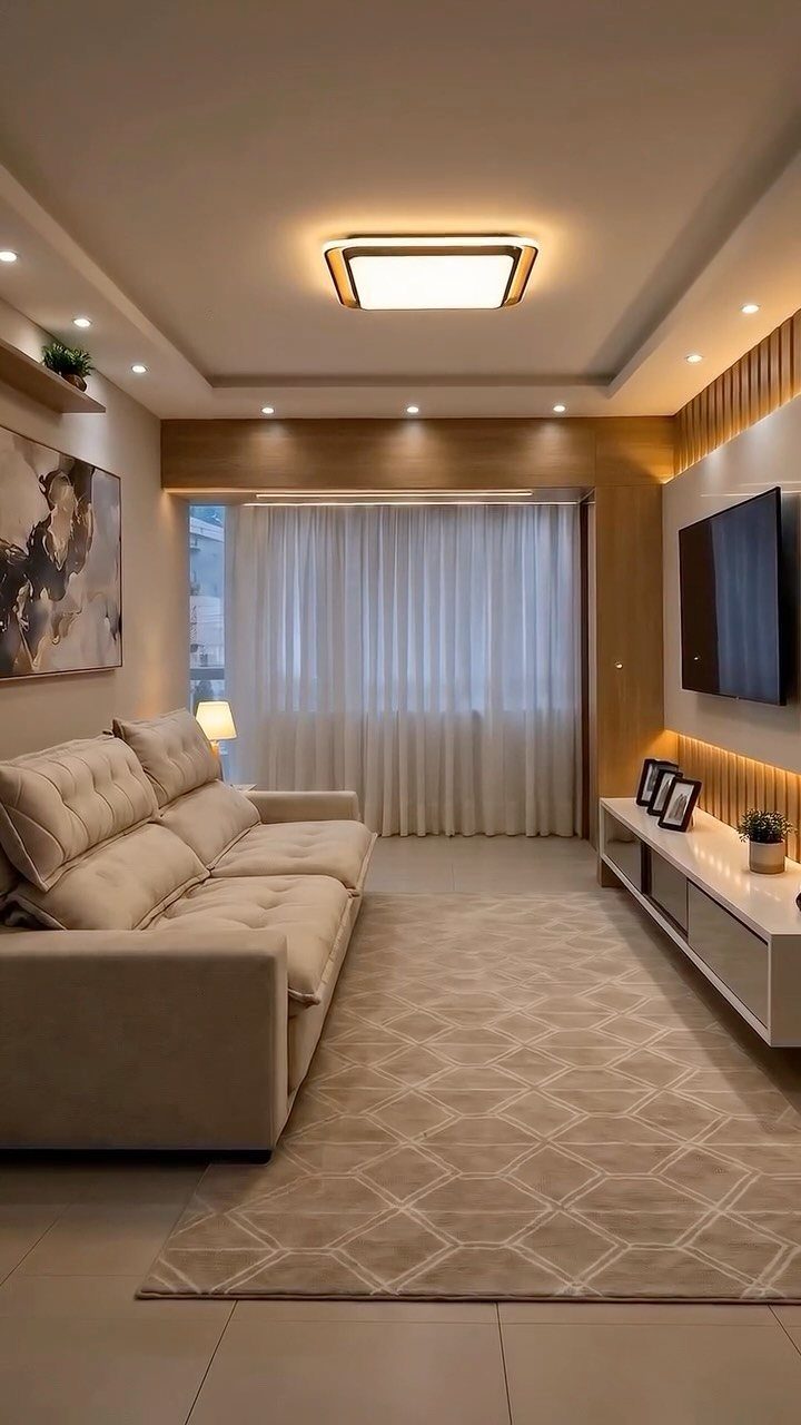 Modern living room featuring recessed ceiling lights and warm accent lighting behind the TV.