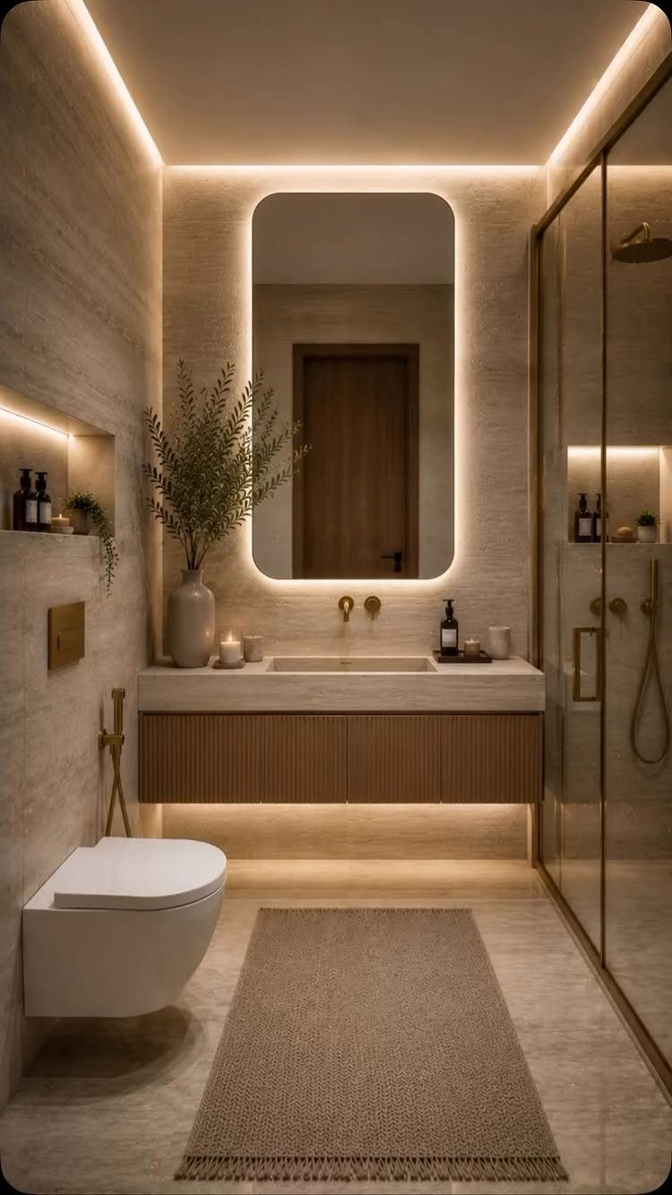 Wall-mounted wooden vanity in a modern bathroom with backlit mirror and neutral tones.