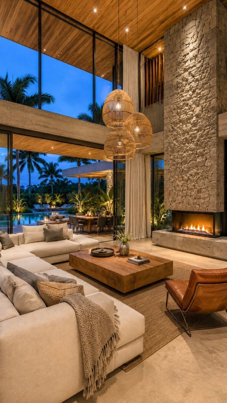 Modern living room with floor-to-ceiling glass windows overlooking a tropical outdoor pool area.