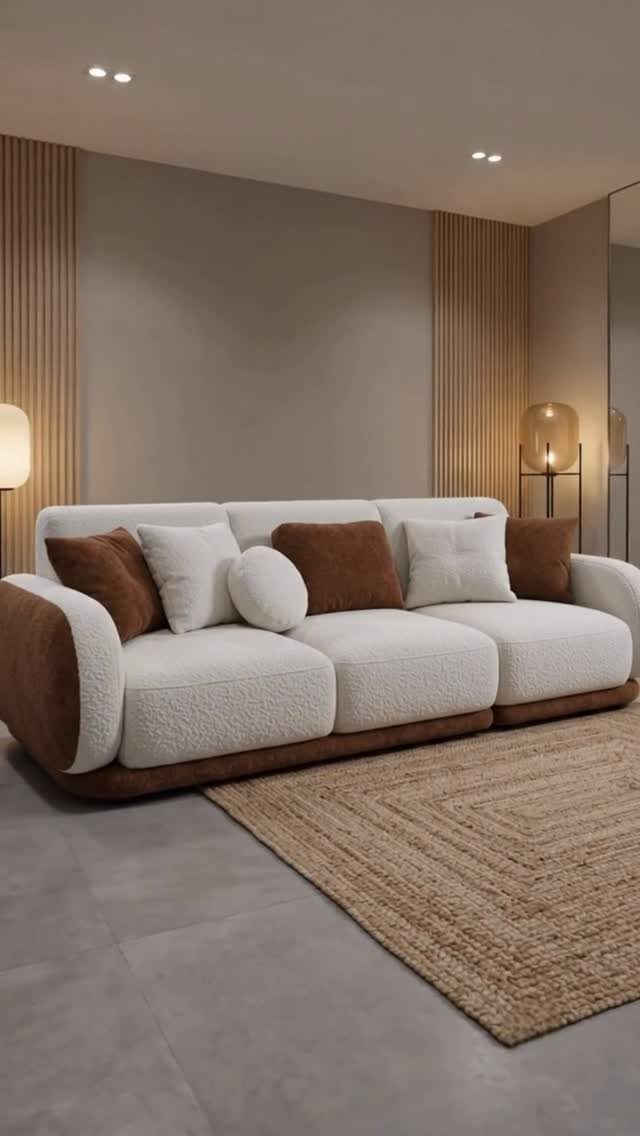 Low-profile modular white and brown sofa on a textured tan rug in modern room