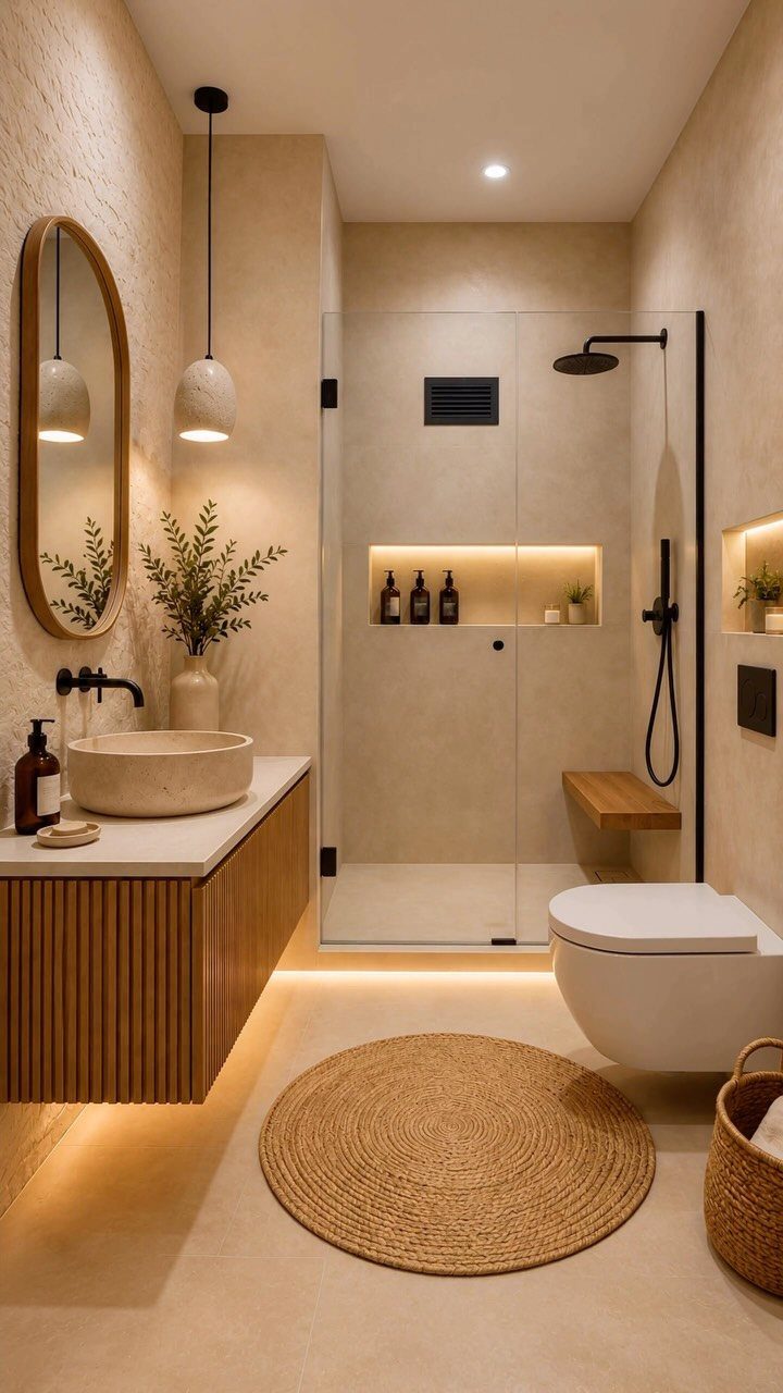 Modern bathroom featuring a floating slatted wood vanity and minimalist pendant lighting.