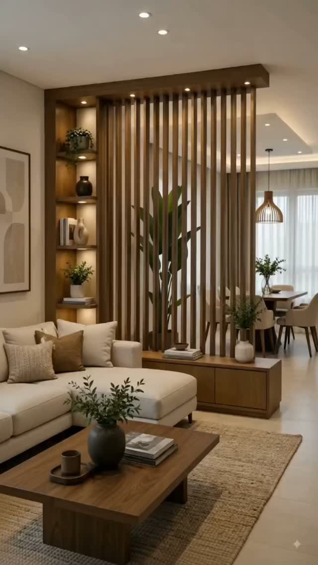 Modern living room with a wooden slat divider separating the lounge and dining area.