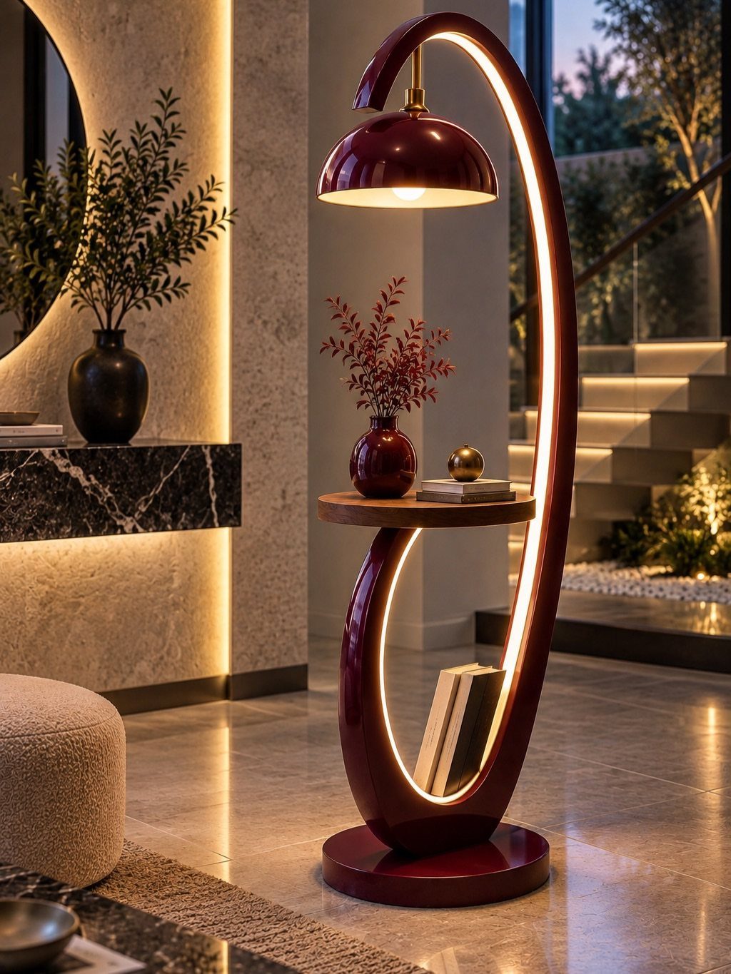 Sculptural burgundy floor lamp with integrated LED lighting and a small wooden shelf.