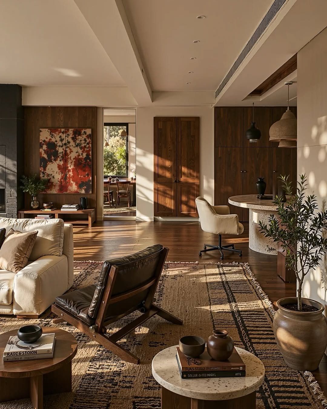 Mid-century modern living room with leather chair, wooden tables, and patterned area rug.