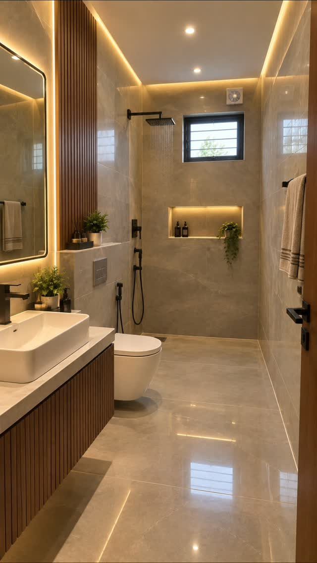 Modern bathroom with beige marble tiles, wooden vanity, and warm recessed lighting.
