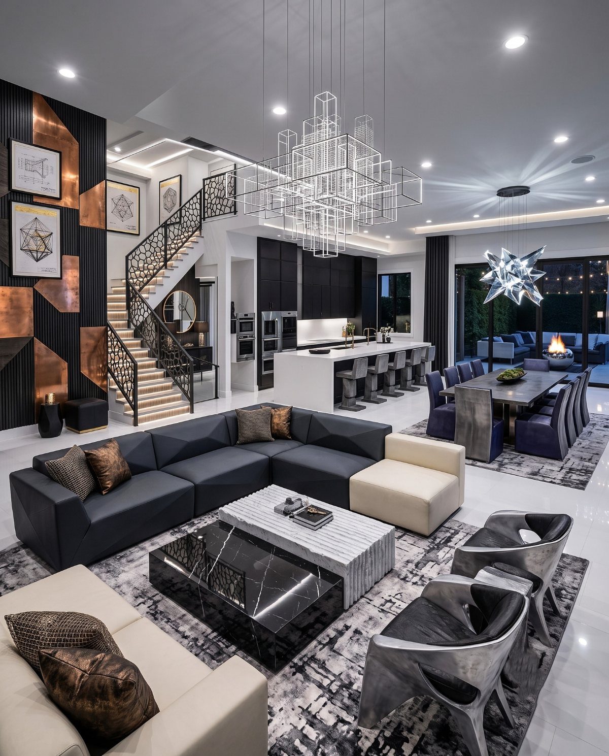Modern open-concept living room featuring a large chandelier and multiple recessed ceiling lights.