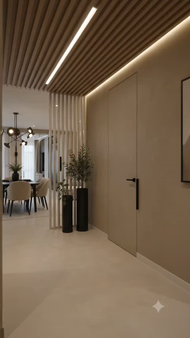 Modern beige hallway with slatted wooden ceiling and minimalist interior design elements.