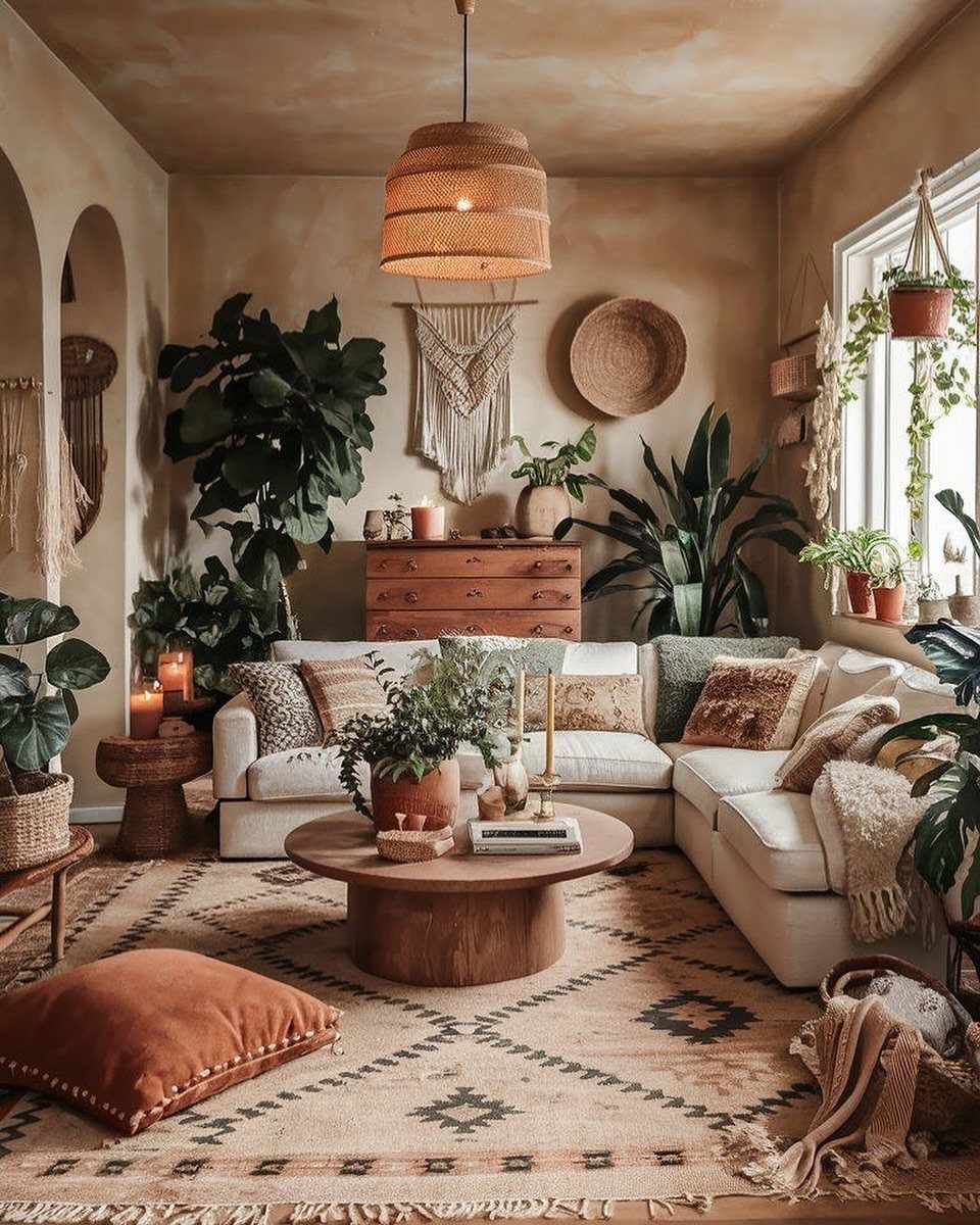 Cozy living room featuring wooden furniture, rattan lighting, and many green indoor plants.