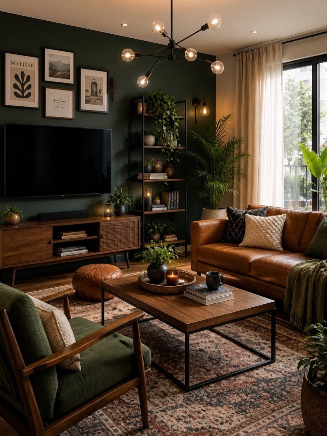 Living room with dark olive green walls, leather sofa, and green armchair.