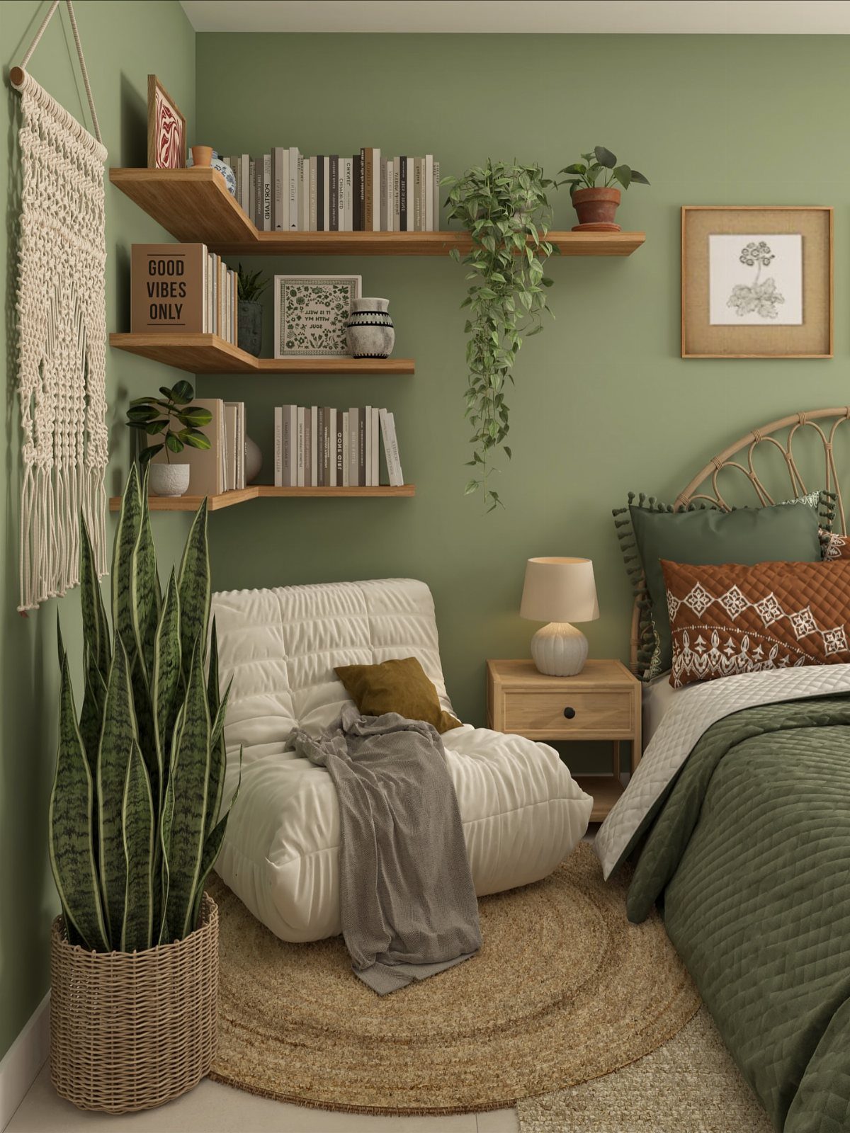 Olive green bedding on a bed in a room with matching green walls.