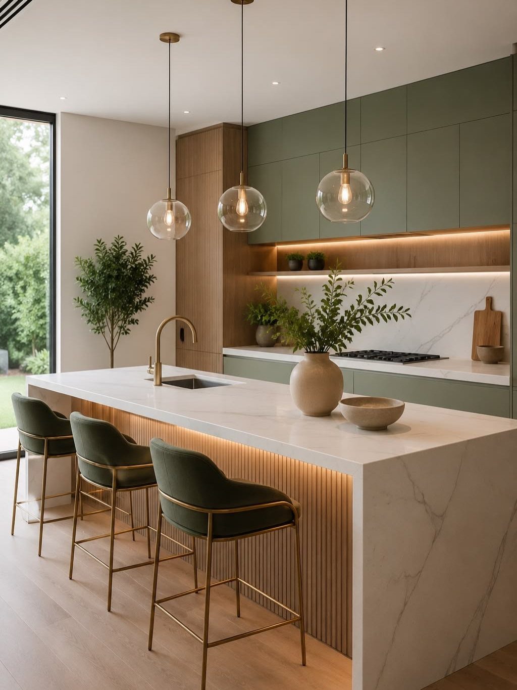 Olive green kitchen cabinetry with a white marble island and velvet bar stools.