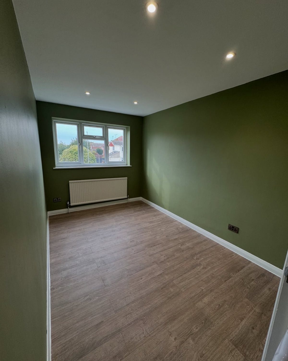 Empty room with olive green walls and light wood laminate flooring