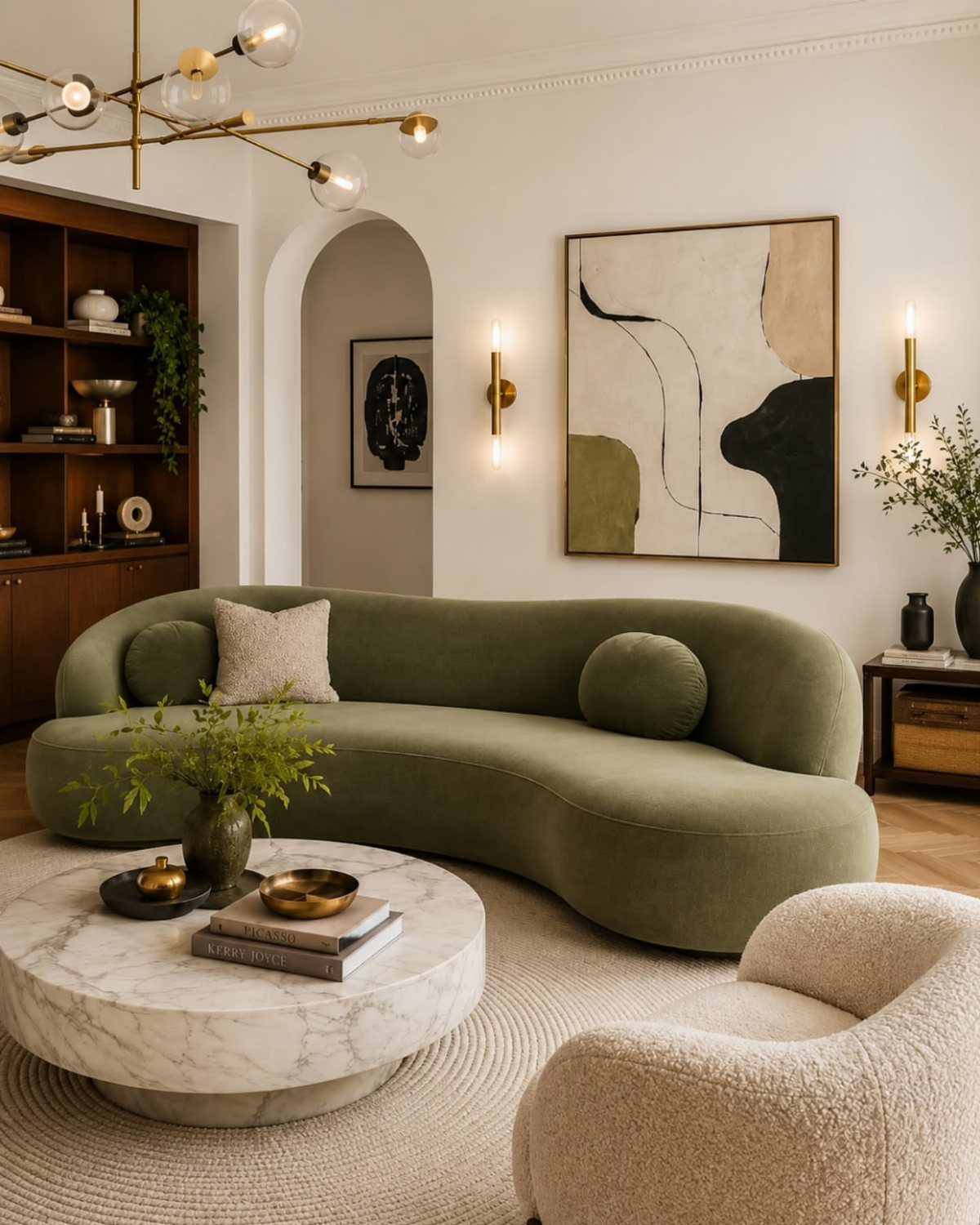 Curved olive green velvet sofa in a modern living room with marble table.