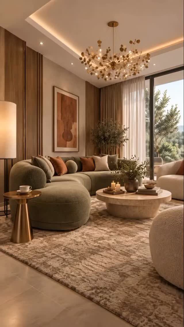 Curved olive green velvet sofa in a modern living room with gold accents.
