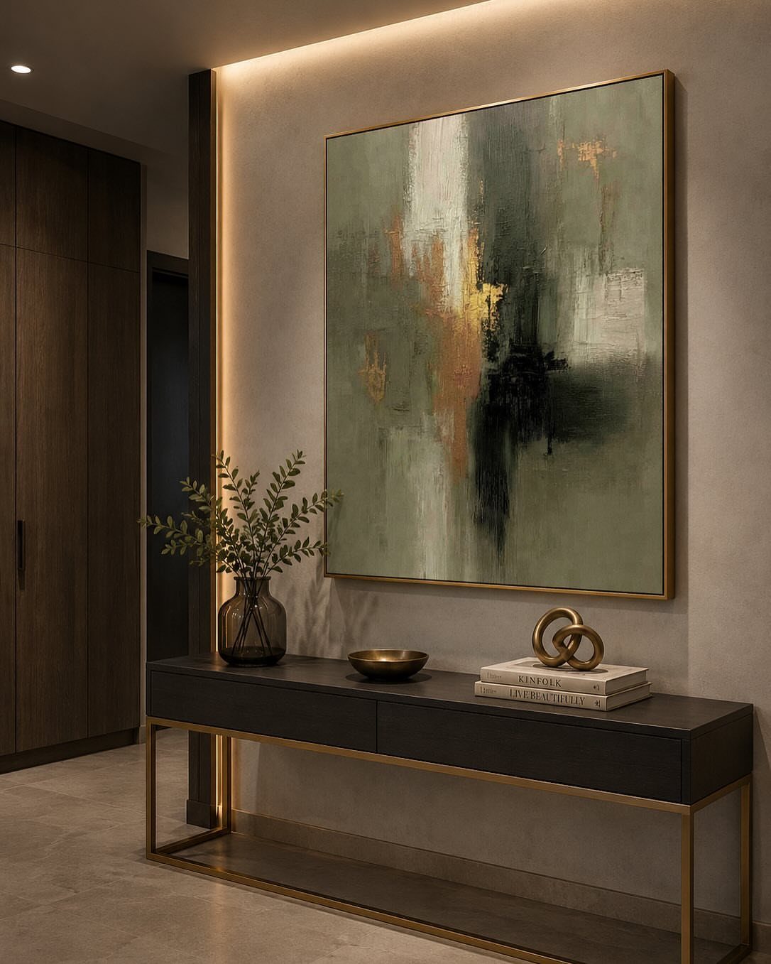 Abstract olive green painting above a black and gold console table in a room.
