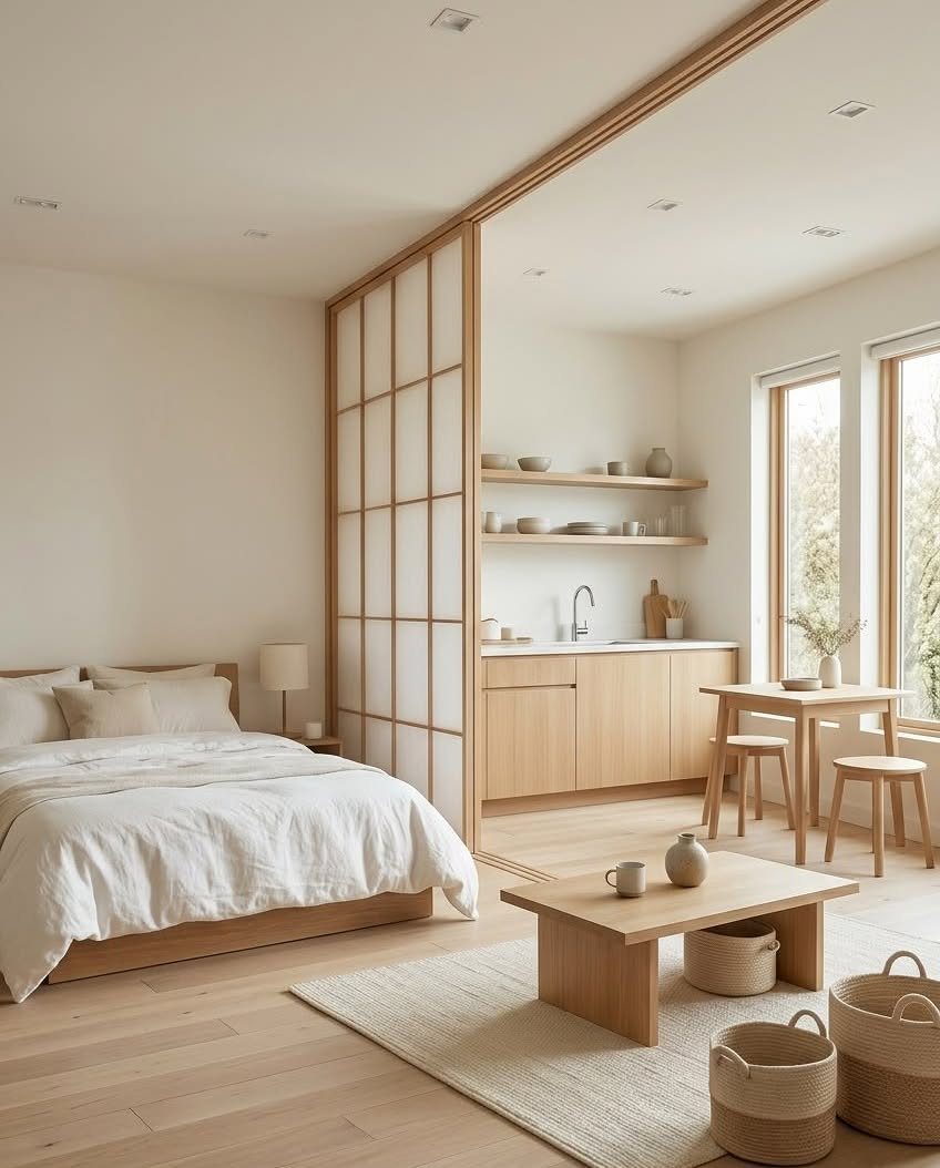 Minimalist room with a sliding shoji screen separating a bedroom from a kitchen area.