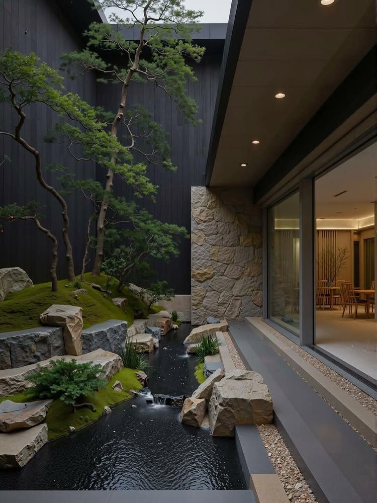Japanese courtyard with a small stream, mossy rocks, and a pine tree
