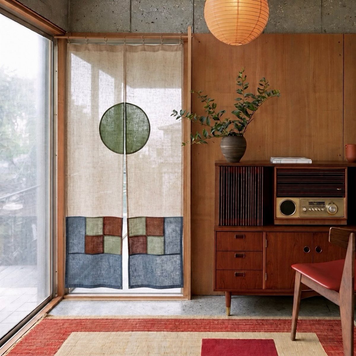Mid-century modern living room with wooden furniture, paper lantern, and linen curtains.