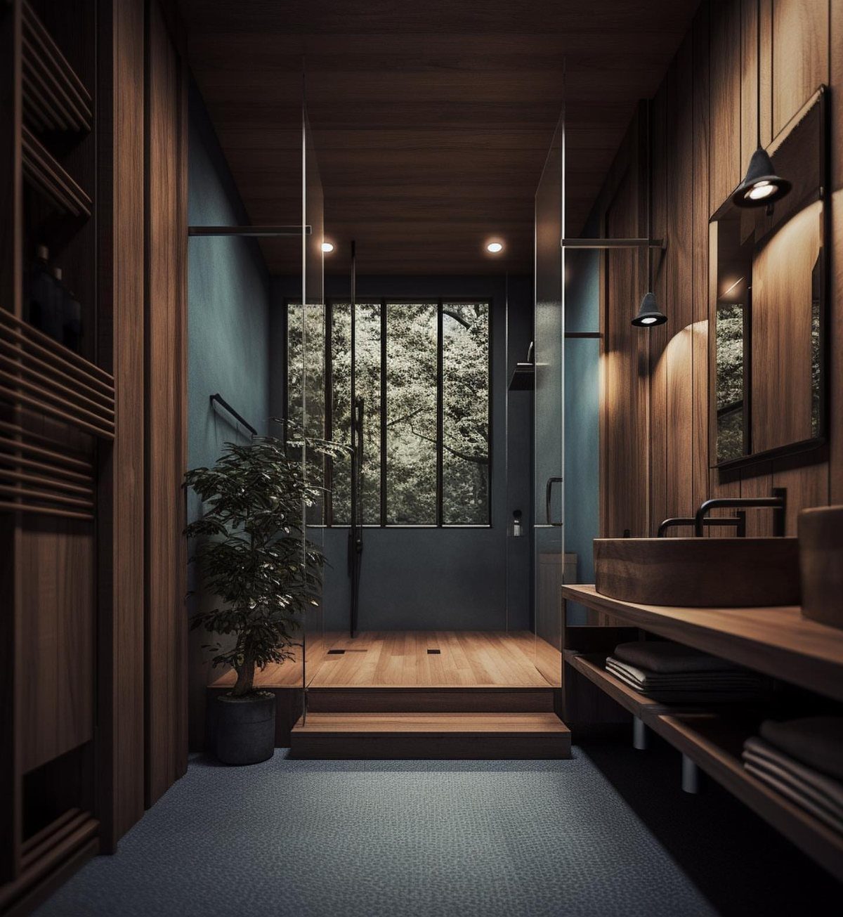 Modern Japanese bathroom with dark wood paneling, stone sink, and nature view window.