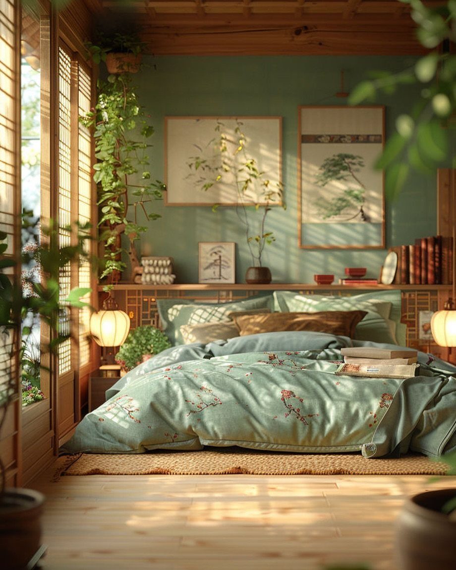 Low bed with green linens in a Japanese style room with shoji screens.