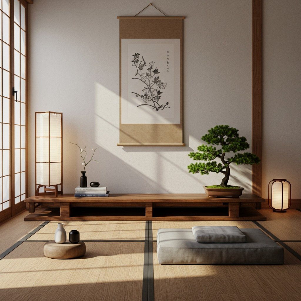 Minimalist Japanese room with tatami mats, bonsai tree, and traditional paper lanterns.