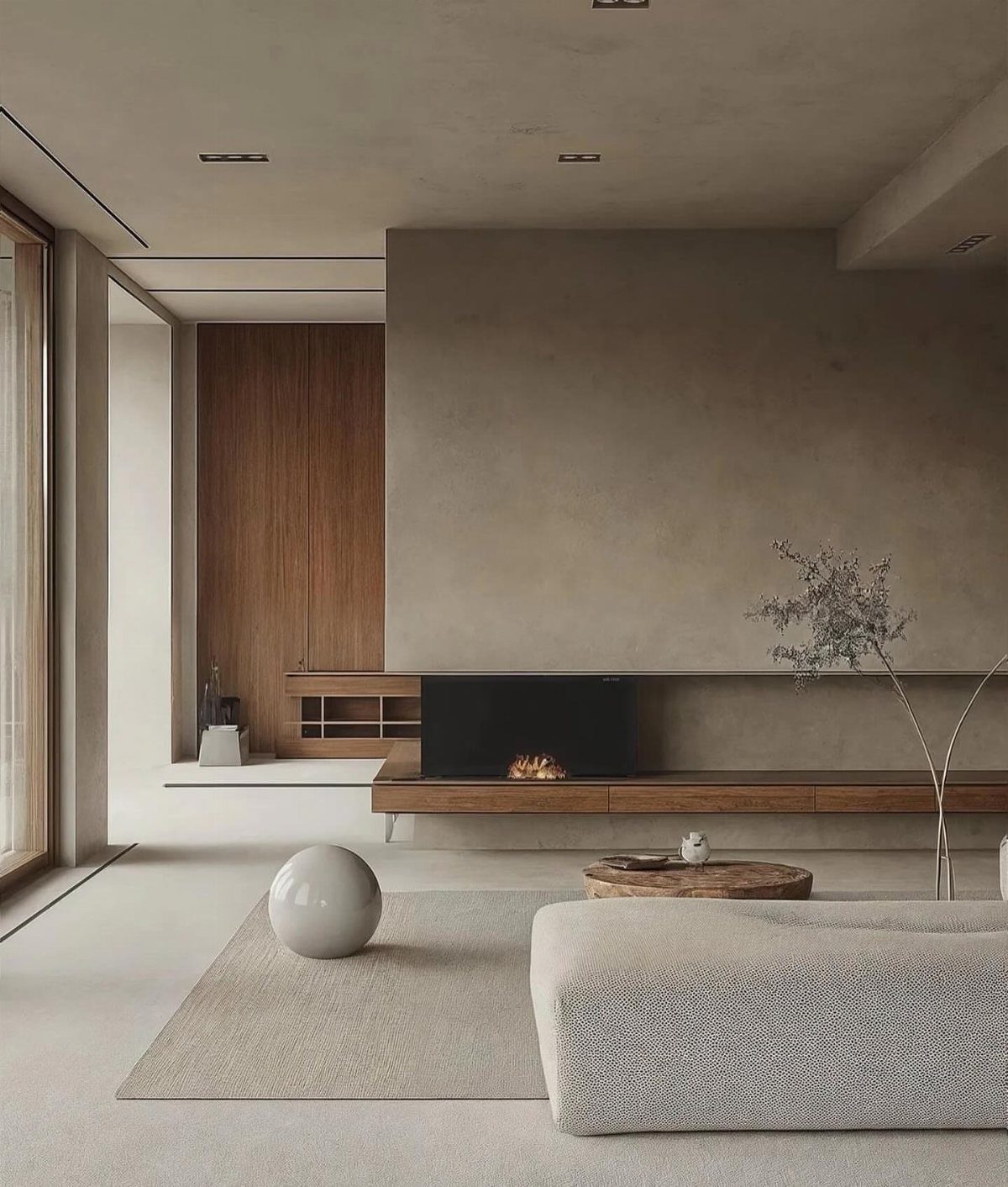 Minimalist living room with neutral beige and grey tones, concrete walls and wood accents.