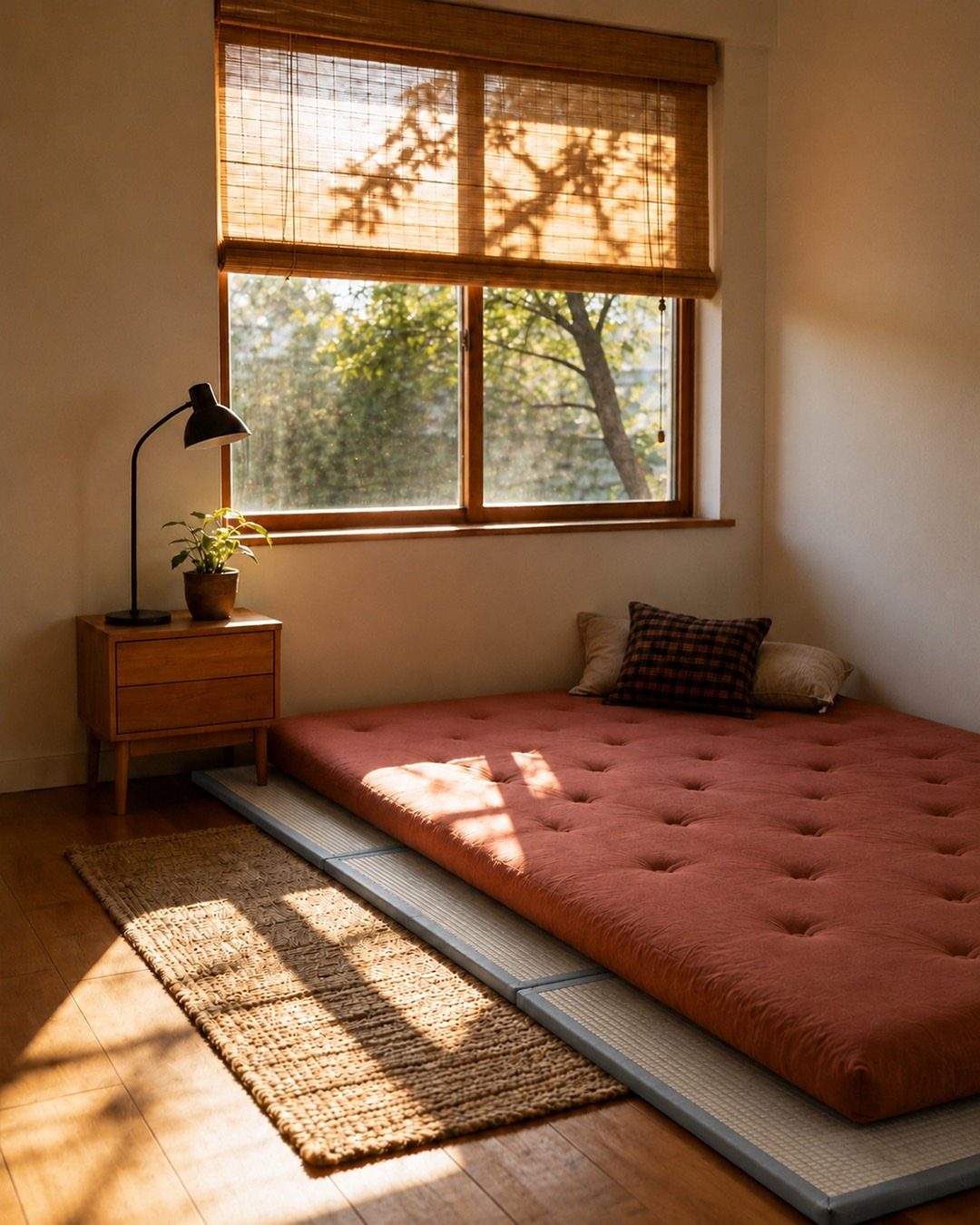 Low red mattress on woven tatami mats in a sunlit minimalist bedroom